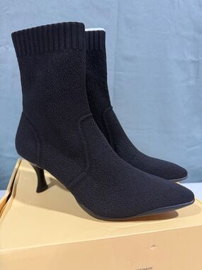 Pointed Black Stretch Sock Booties with Kitten Heel